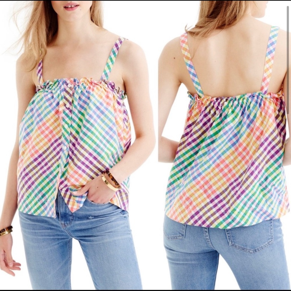 J. Crew Rainbow Gingham Button Front Ruffle Top